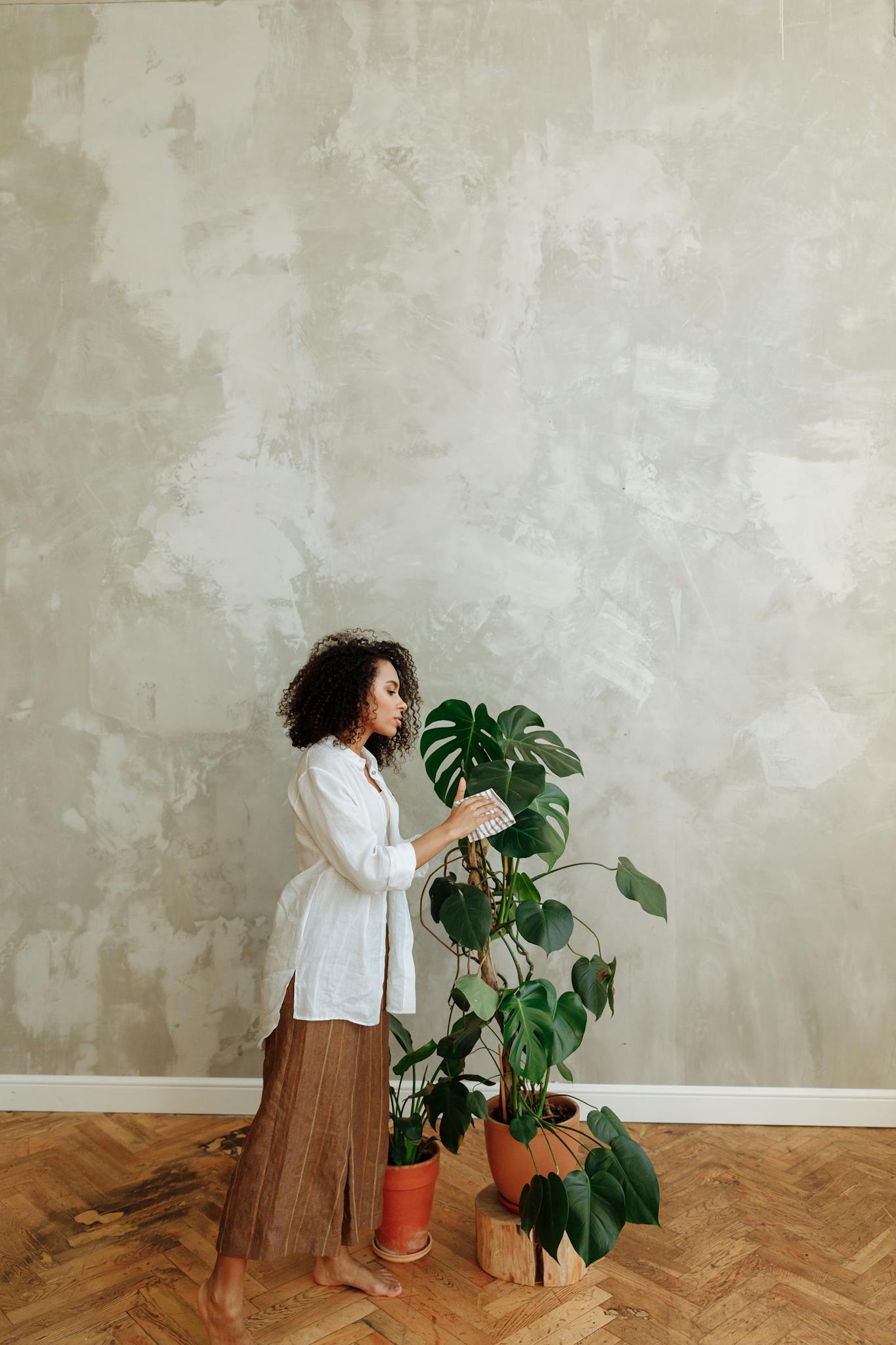 A woman in a white shirt tends to a monstera plant against a concrete wall, reflecting a minimalist interior design.
