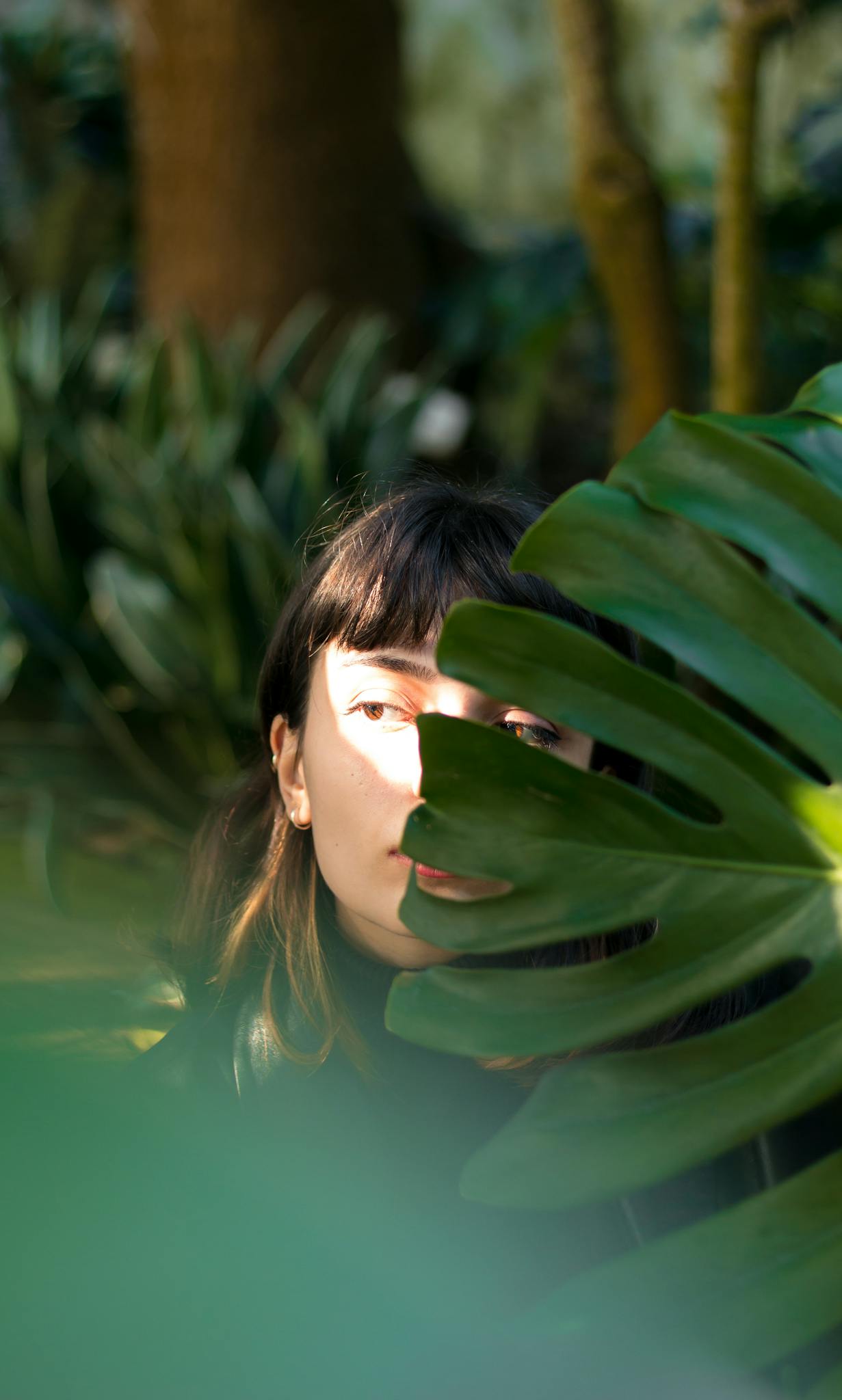 A young woman partially hidden by monstera leaves in a sunny forest setting.